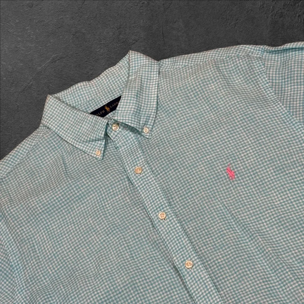 Ralph Lauren Mens‎ Blue White Gingham Linen Short Sleeve Button Down Shirt XXL